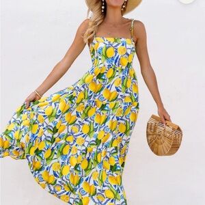 Yellow Lemon Print Summer Maxi Dress